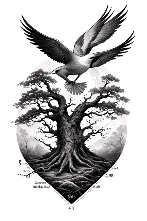 Create me a tattoo design combining elements like trees, god, birds, and make it designed so i can include 4 death dates tattoo design idea