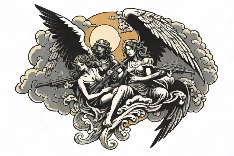 angels on a cloud over a sunset holding money and guns  tattoo design idea