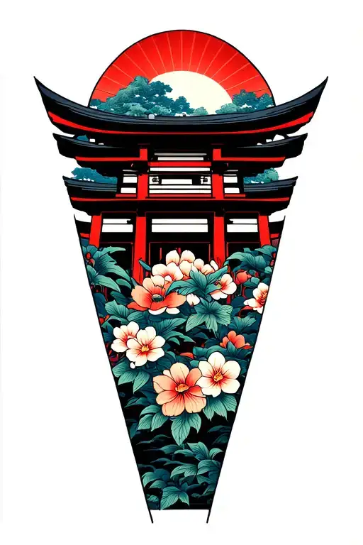 Japanese sun, Shinto shrine and flowers in a wood block print style. top center of back tattoo design idea