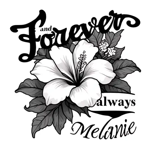lillies and hibiscus flowers with the lettering "forever and always" and the name "melanie" tattoo design idea