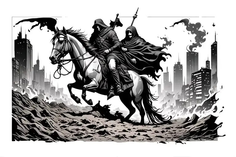 burning apocalypse ground city landscape with grim reaper on horse in background  tattoo design idea