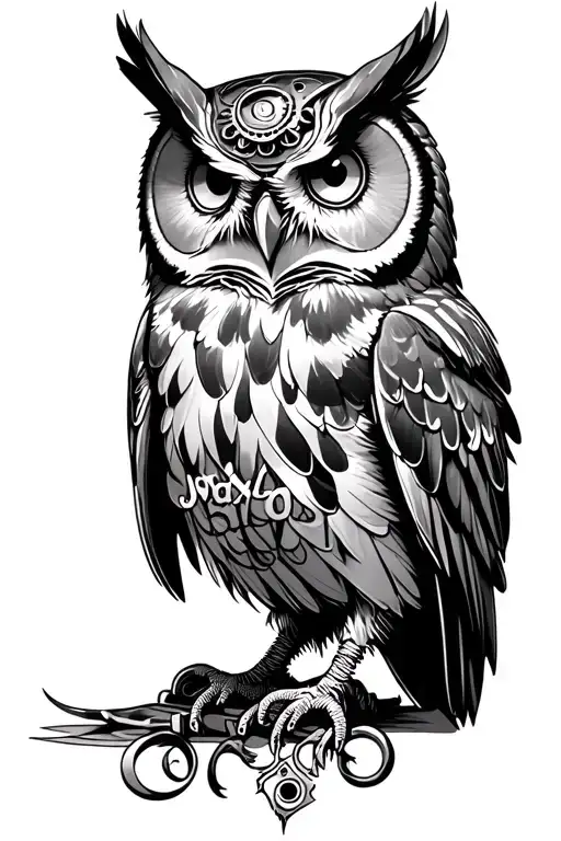 steampunk owl with Jaxon writing  tattoo design idea
