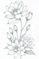   water lily, larkspur (july ), carnation, snowdrop (january) small bouquet tattoo design idea