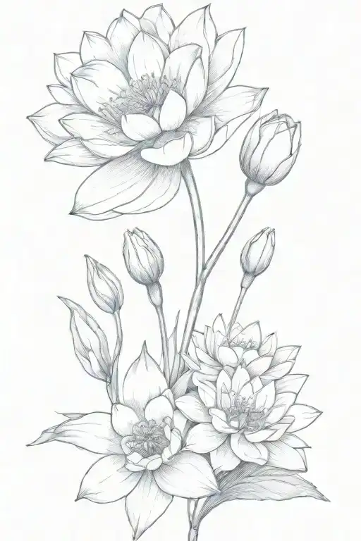   water lily, larkspur (july ), carnation, snowdrop (january) small bouquet tattoo design idea