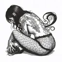 bend over,slim thick goth girl,emo, nude,sexy,lingerie,introverted,arched back,long black hair, naked,fishnet,skirt tattoo design idea