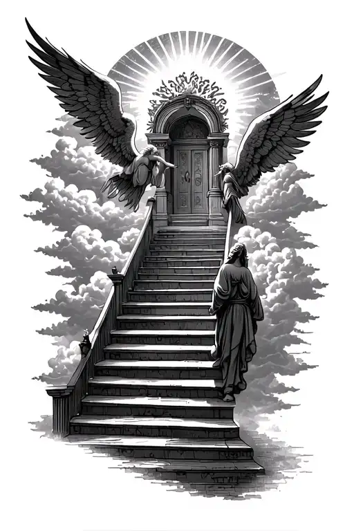 Stairway To Heaven Walking Up Stairs Angels Sun Rays Clouds Heaven Gate At The Top Of The Stairs Tattoo tattoo design idea