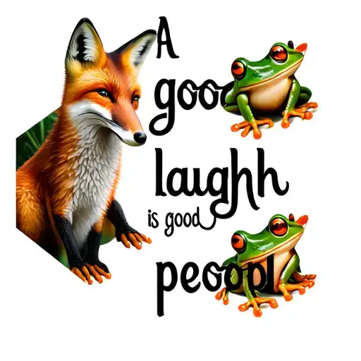 "A good laugh is good for peopl" hexagon pattern with a fox, frog, giraffe each in different styles tattoo design idea