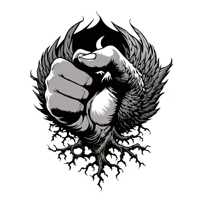 Phoenix, Black power fist, tree roots tattoo design idea