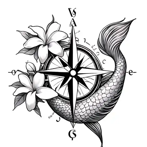 mermaid, Pisces symbol, frangipani and compass tattoo design idea