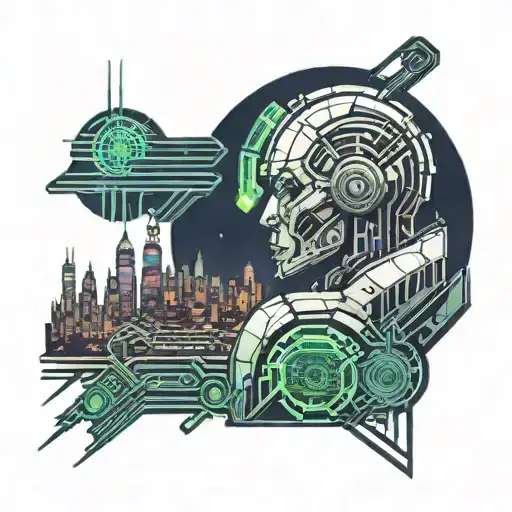 cyber loner looking into the night city skyline tattoo design idea