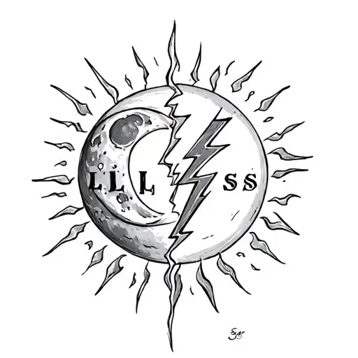 A moon and a sun divided by a crackling lightning bolt, with the letters L L L S S integrated into the scene tattoo design idea
