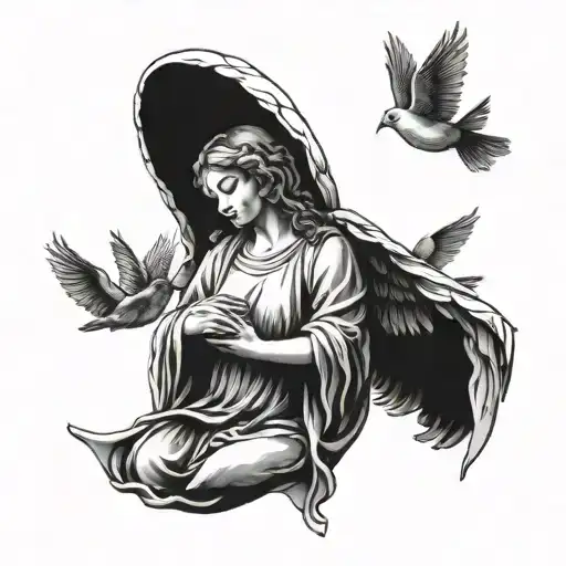 A strong and spiritual earth angel surrounded by doves tattoo design idea