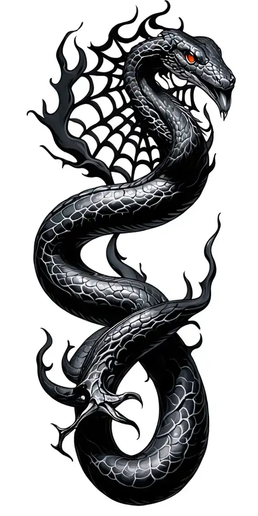 Flame spider web snake wrapped tattoo design idea