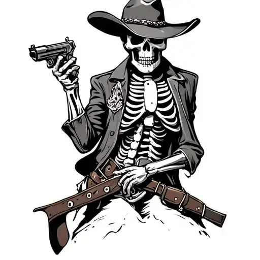 Mexican cowboy skeleton with bandolier and revolver  tattoo design idea