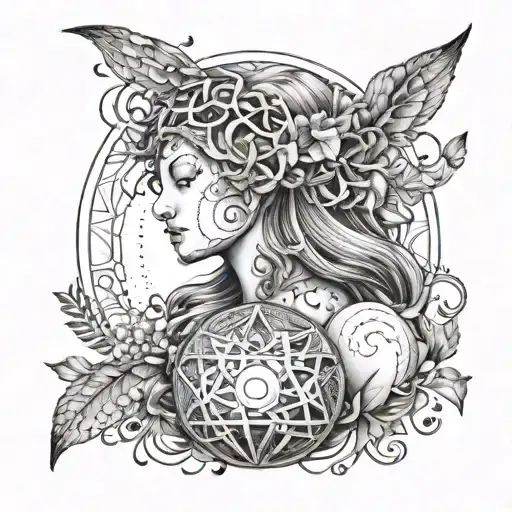 A serene image of a peaceful earth goddess embracing the planet, with elements of nature and wildlife intertwining, representing a deep connection to the earth and environmental advocacy tattoo design idea