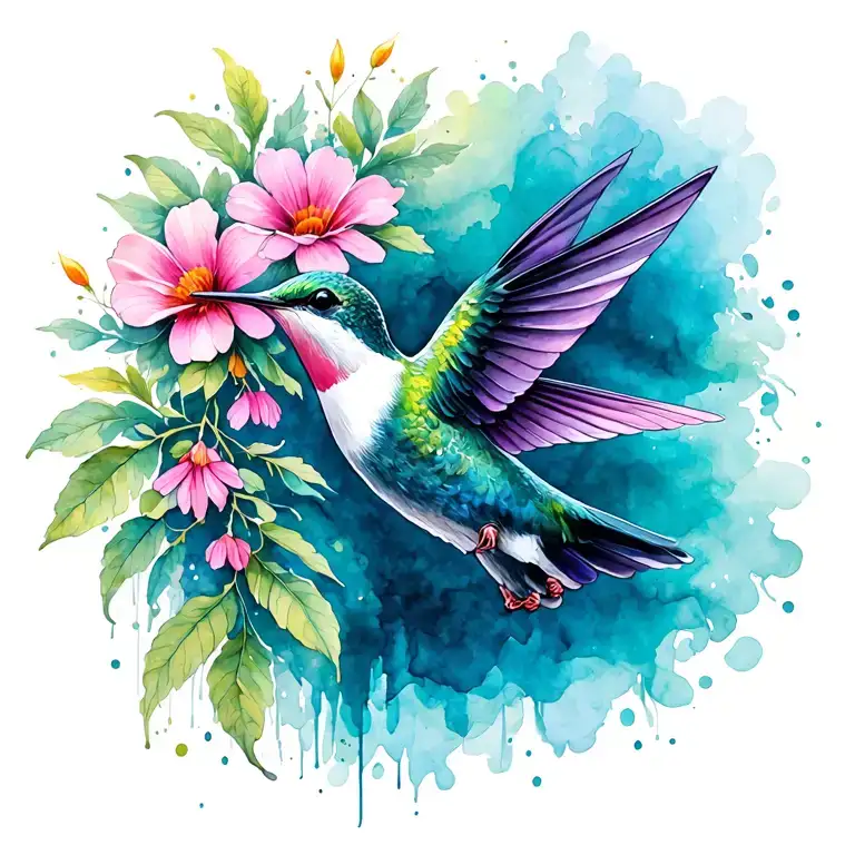 hummingbird and flower blooming tattoo design idea