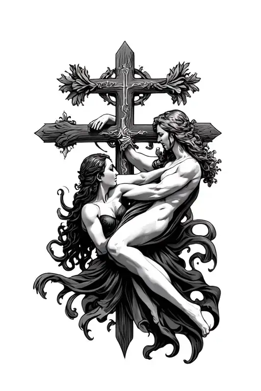 catholic fight between good and bad romance promo with cross tattoo design idea