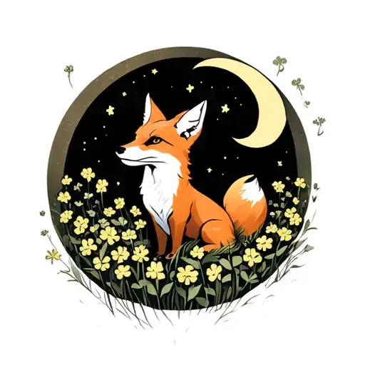 A sleek, mythical fox sitting under a crescent moon in a field of clover. Traditional Japanese brush strokes. tattoo design idea