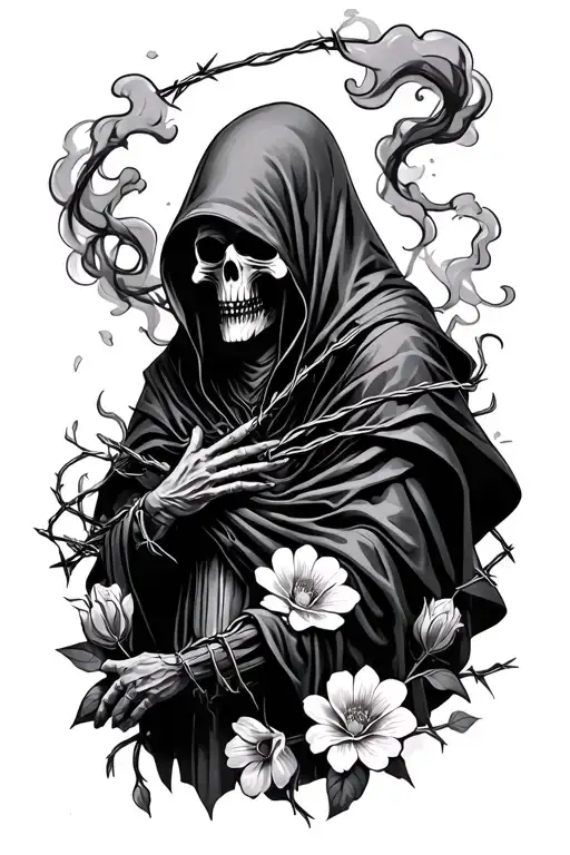 hooded reaper with smoke swirls, and falling flower pedals. wrapped in barbed wire tattoo design idea