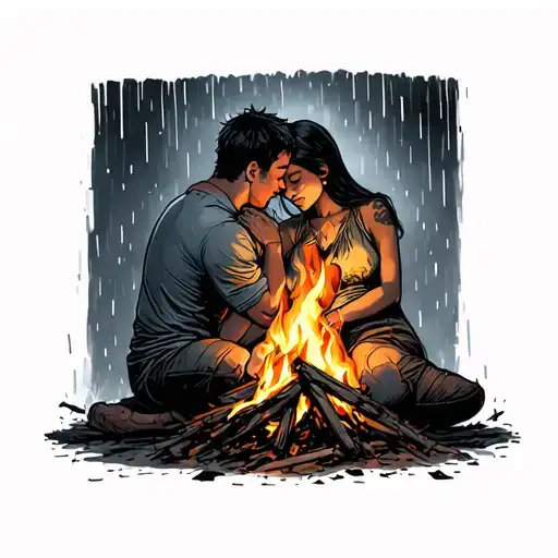 me and my boyfriend sitting by a fire with my head on his shoulder and it's raining  tattoo design idea
