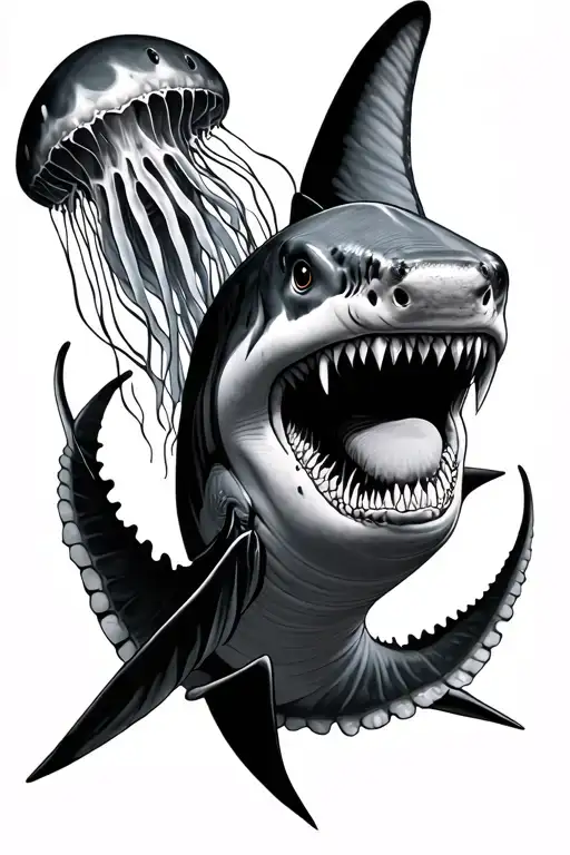 hammer head shark next to a stingray and a jellyfish tattoo design idea