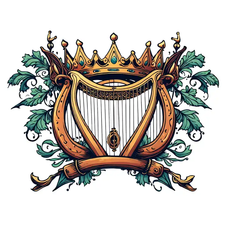 harp with crown hanging tattoo design idea