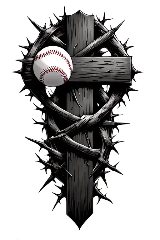 realistic cross woven in thorns with baseball in the middle surrounded tattoo design idea