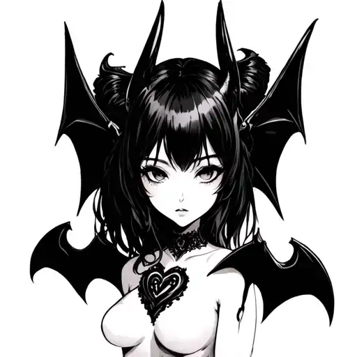 anime succubus, bats, nudity, hearts, shading, hentai, no deforms tattoo design idea