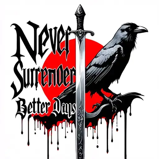 sword with blood dripping text saying never surrender gothic theme with a crow onto better days happy theme resilience  tattoo design idea