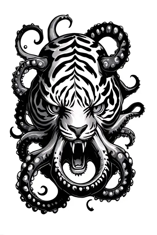 kraken tiger stripe, spread 8 tentacles in all directions agressive eyes squid face, simetrical and centered tattoo design idea