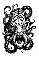 kraken tiger stripe, spread 8 tentacles in all directions agressive eyes squid face, simetrical and centered tattoo design idea