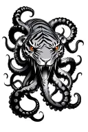 kraken tiger stripe, spread 8 tentacles in all directions agressive eyes squid face, simetrical and centered tattoo design idea