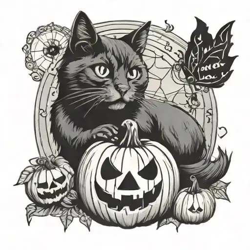 Halloween theme, tarot card, cute pumpkin, black cat  tattoo design idea