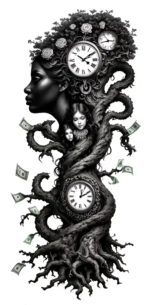 Gemini, 3 daughters, money, family tree with every branch twisted, and a clock with the time 11:20 tattoo design idea