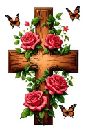 wood grain cross with rose vine wrapping and butterflies coming off roses tattoo design idea