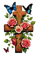 wood grain cross with rose vine wrapping and butterflies coming off roses tattoo design idea