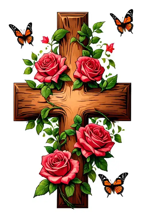 wood grain cross with rose vine wrapping and butterflies coming off roses tattoo design idea