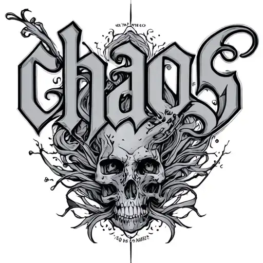 The word "chaos" with a typeface in italic, delicate and with a lot of movement and a design that accompanies this phrase. tattoo design idea