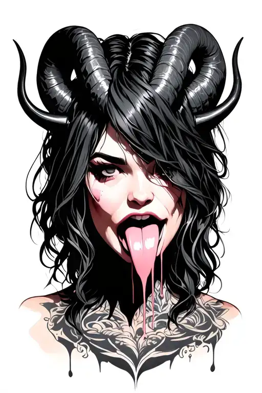 demon girl with curvy horns, tongue out dripping saliva, medium hair tattoo design idea