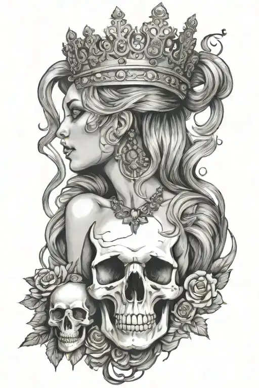 side profile of goddes holding a skull wearing a crown tattoo design idea