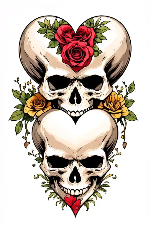 2 skulls facing each other in the shape of a heart tattoo design idea