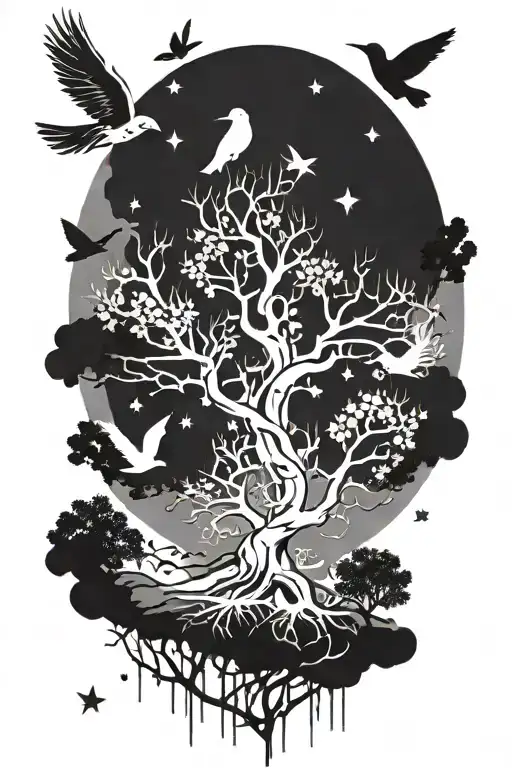 posion tree with birds and stars forming tattoo design idea