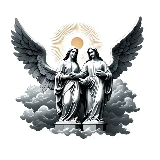 angel statues of mother and father with clouds and sun rays tattoo design idea