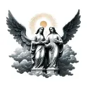 angel statues of mother and father with clouds and sun rays tattoo design idea