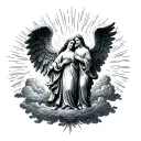 angel statues of mother and father with clouds and sun rays tattoo design idea