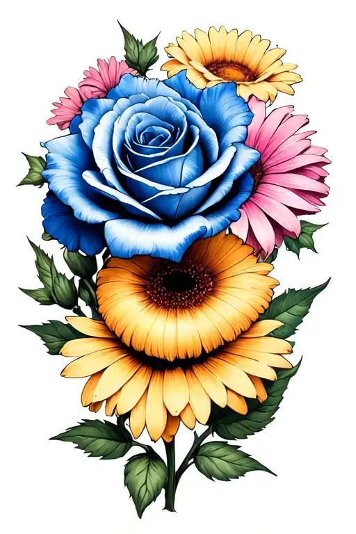 blue iris, pink rose, yellow gerbera tattoo design idea