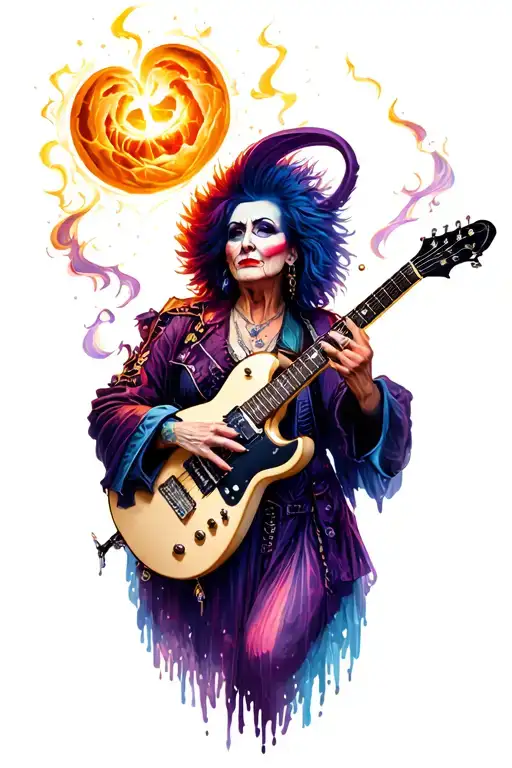 A punk rock aunt holding a guitar and casting a spell, blending your love for music and witchcraft tattoo design idea