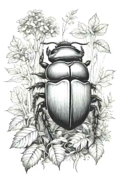 A small dung beetle walking through a forest scene tattoo design idea
