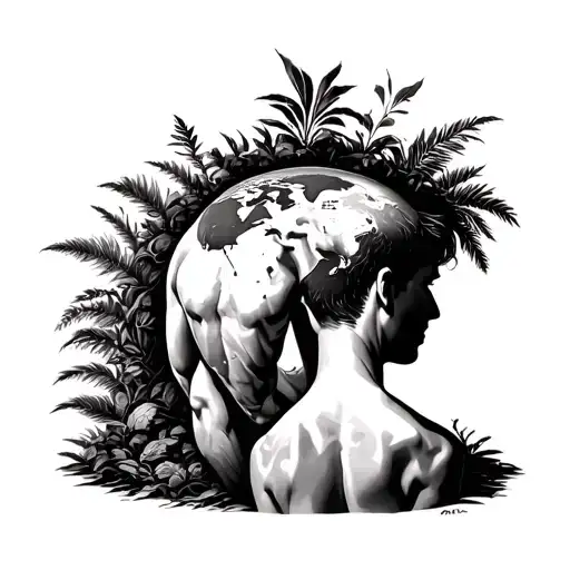 The outline of the back of a man/outline of a person growing with what the world puts in his place,  tattoo design idea