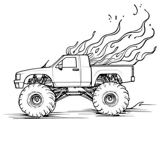 Monster truck with flames and sparks flying out tattoo design idea